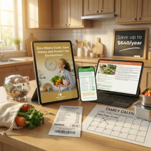 Zero-Waste Kitchen Guide digital PDF displayed on tablet showing how to save money by cutting food waste and save up to $640 per year