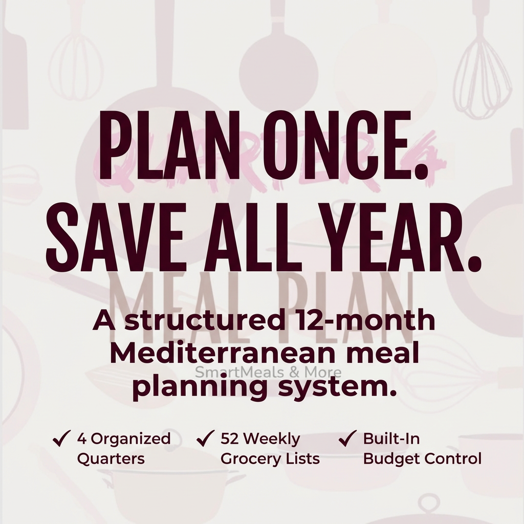 Meal Planner Pro 12 month Mediterranean meal planning system with 52 weekly grocery lists and built in budget control