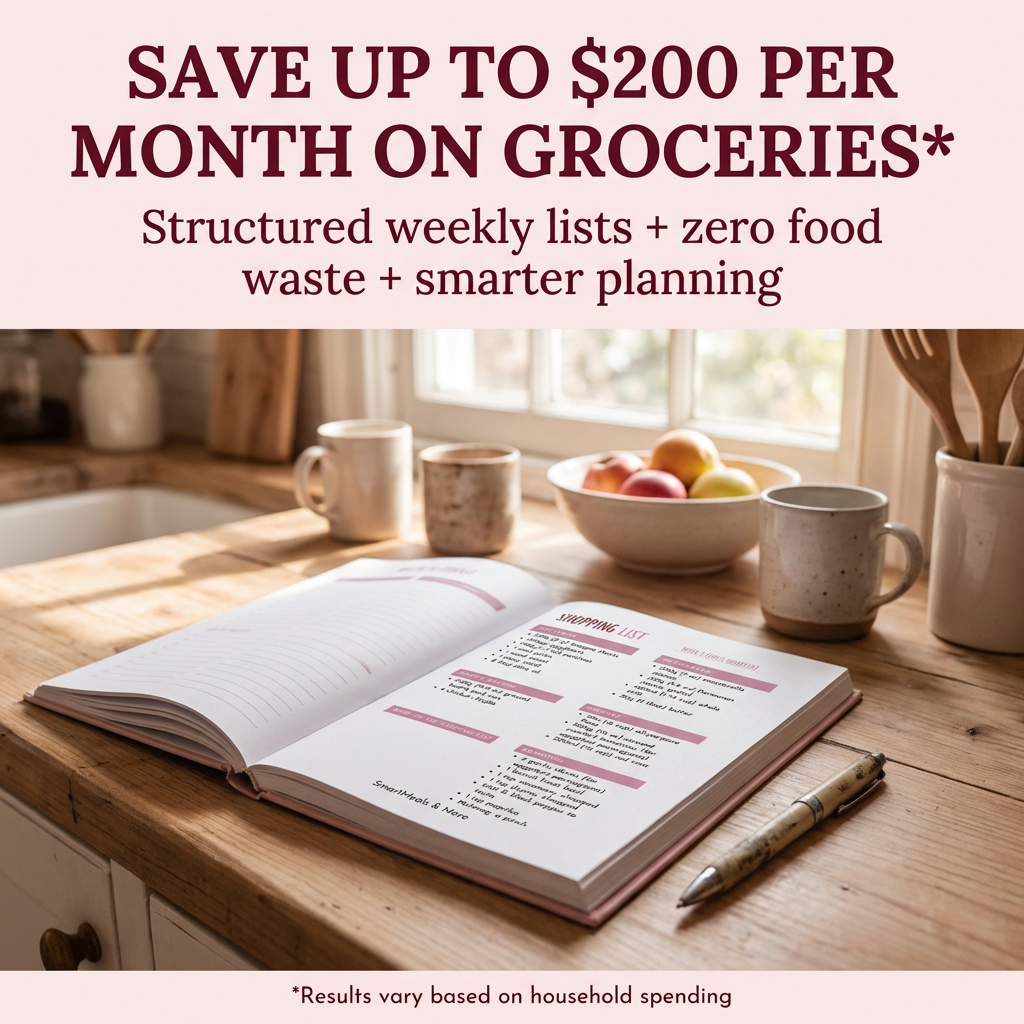 Meal Planner Pro grocery saving system open on kitchen table with structured weekly shopping list