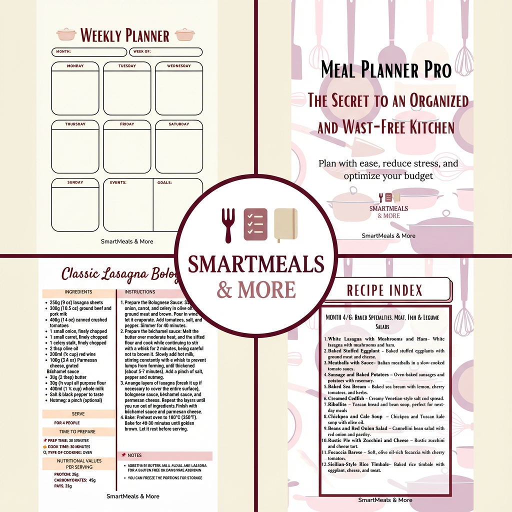 Meal Planner Pro system overview including weekly planner, recipe page and recipe index